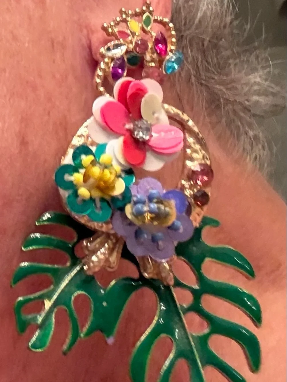 Colorful Tropical Floral Drop Earrings in Green and Pink